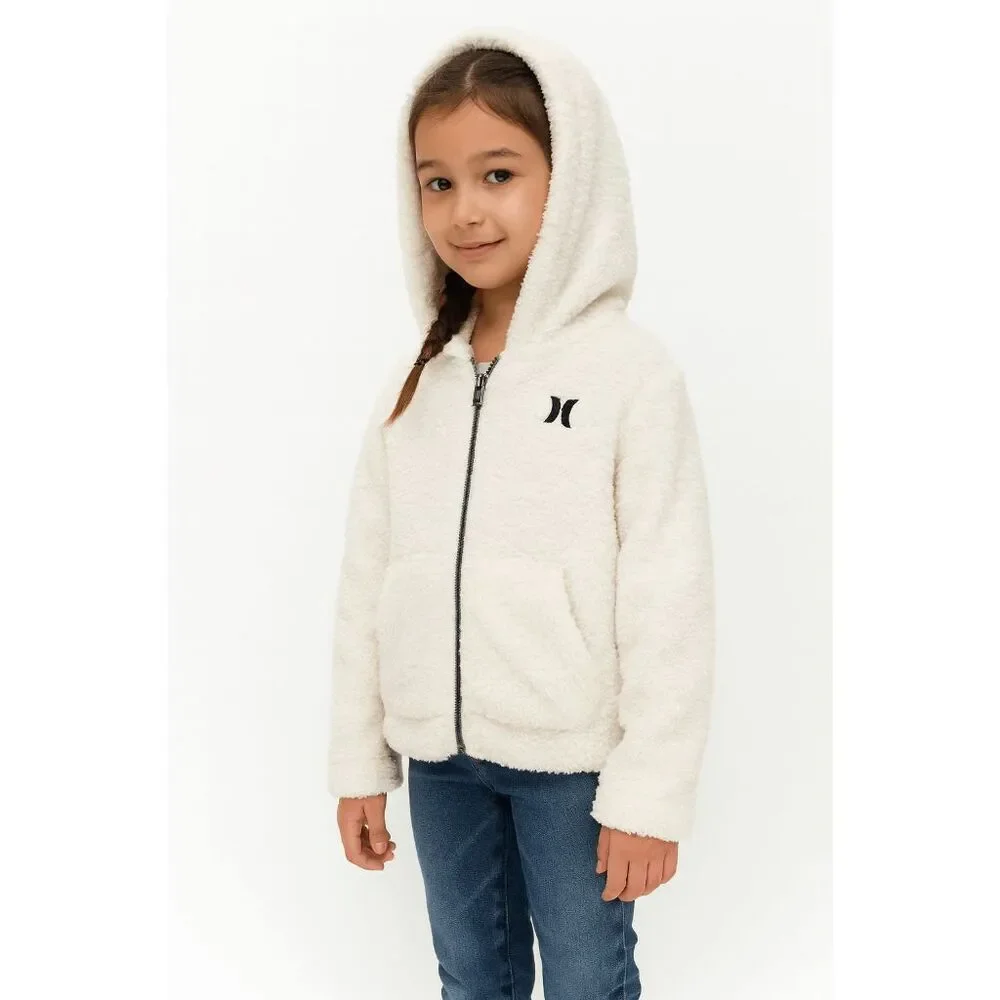 Hurley Girls’ Sherpa Zip Hoodie Jacket – KIDS Size 4 – White Fleece Hooded